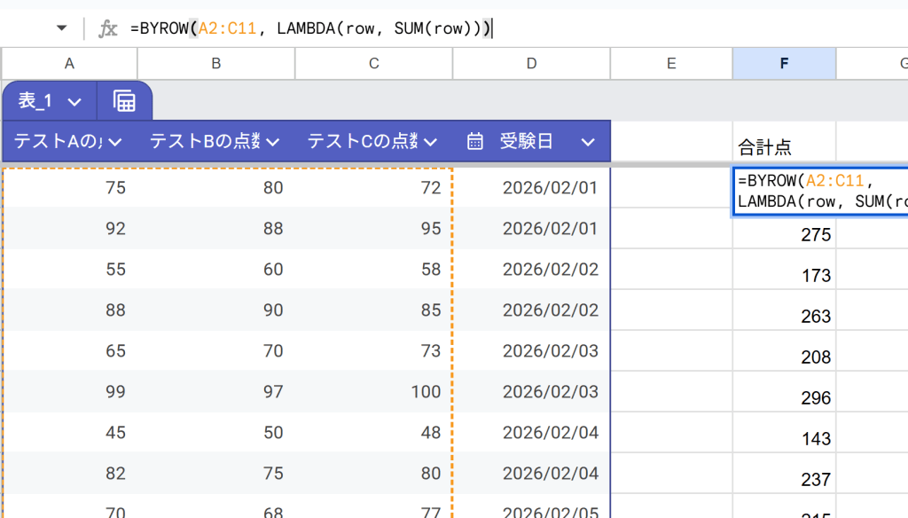 一つのセルに関数を入力するだけで全部のテストの合計点を出してるスクショ