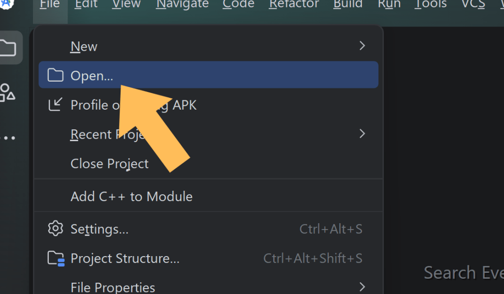 Android Studioでフォルダを開いている様子