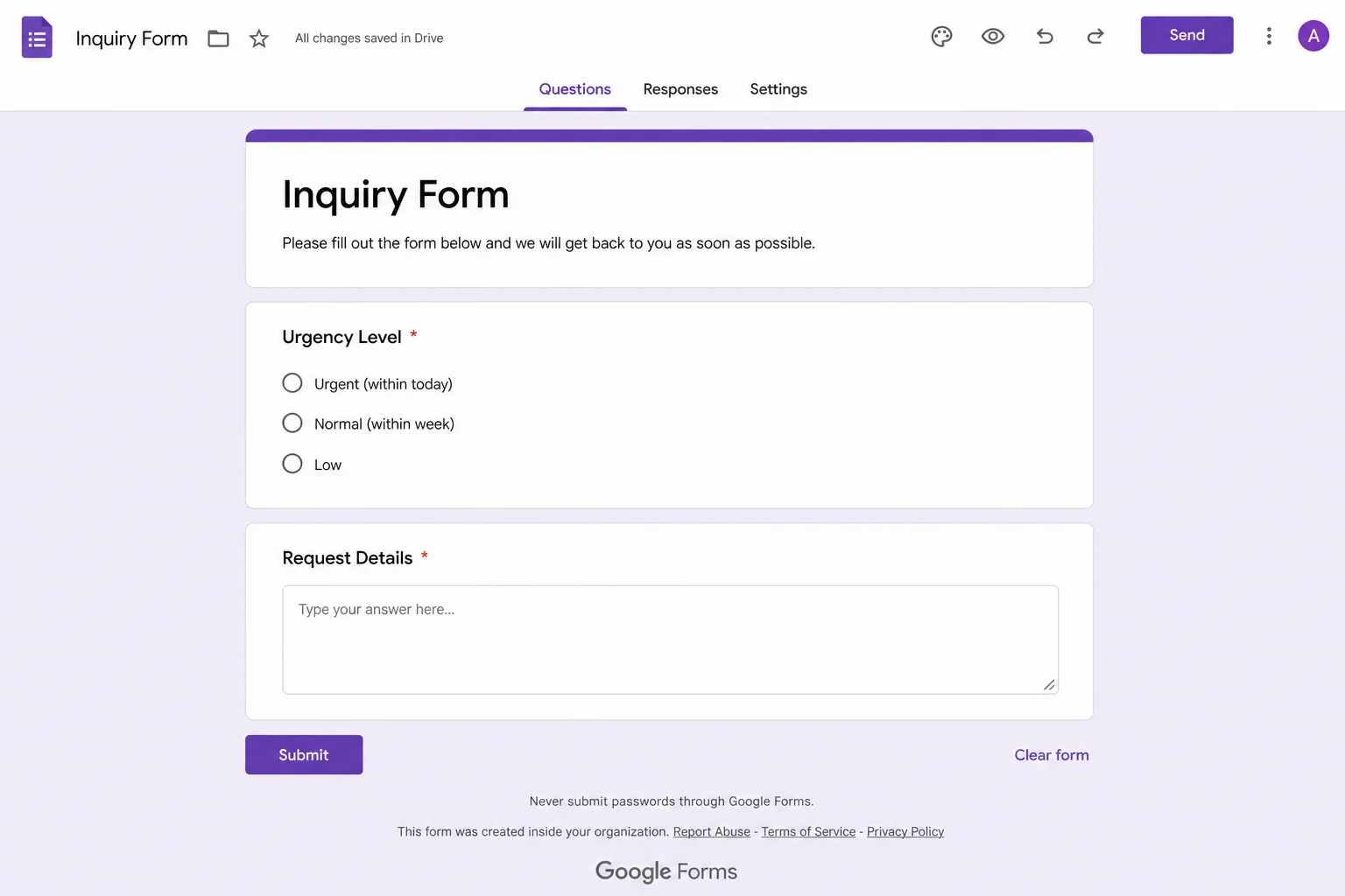 至急フラグ付きGoogleフォームの画面