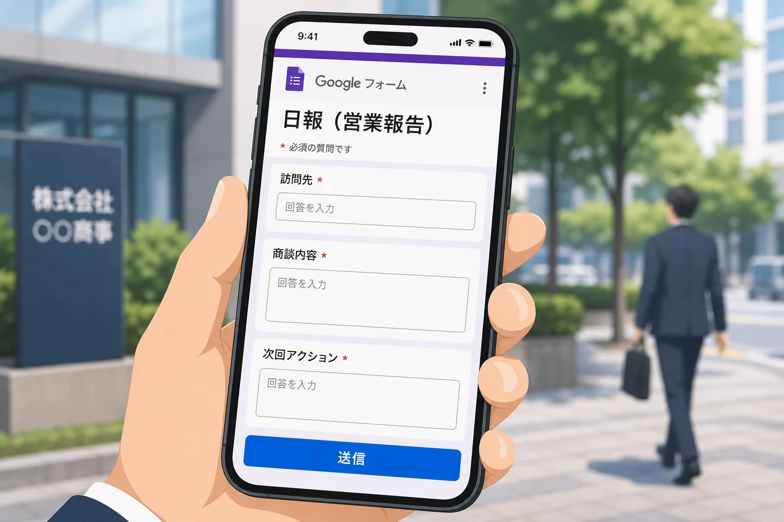 スマホでGoogleフォームの日報を入力している画面イメージ