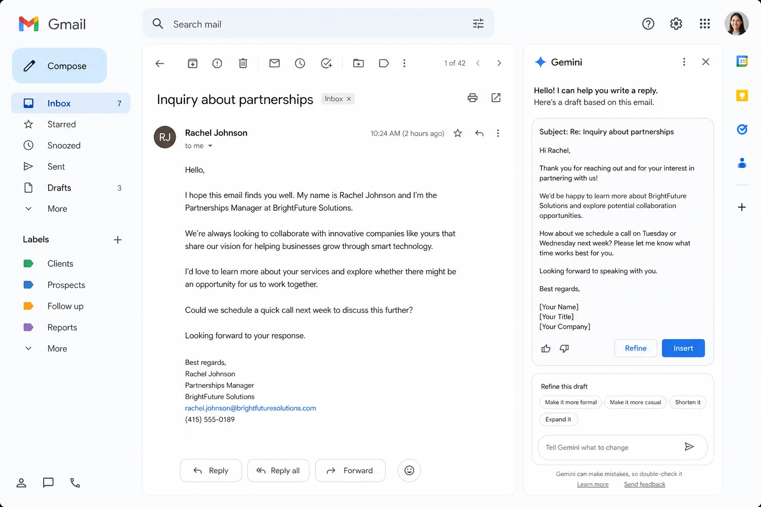 GmailのGemini返信生成画面